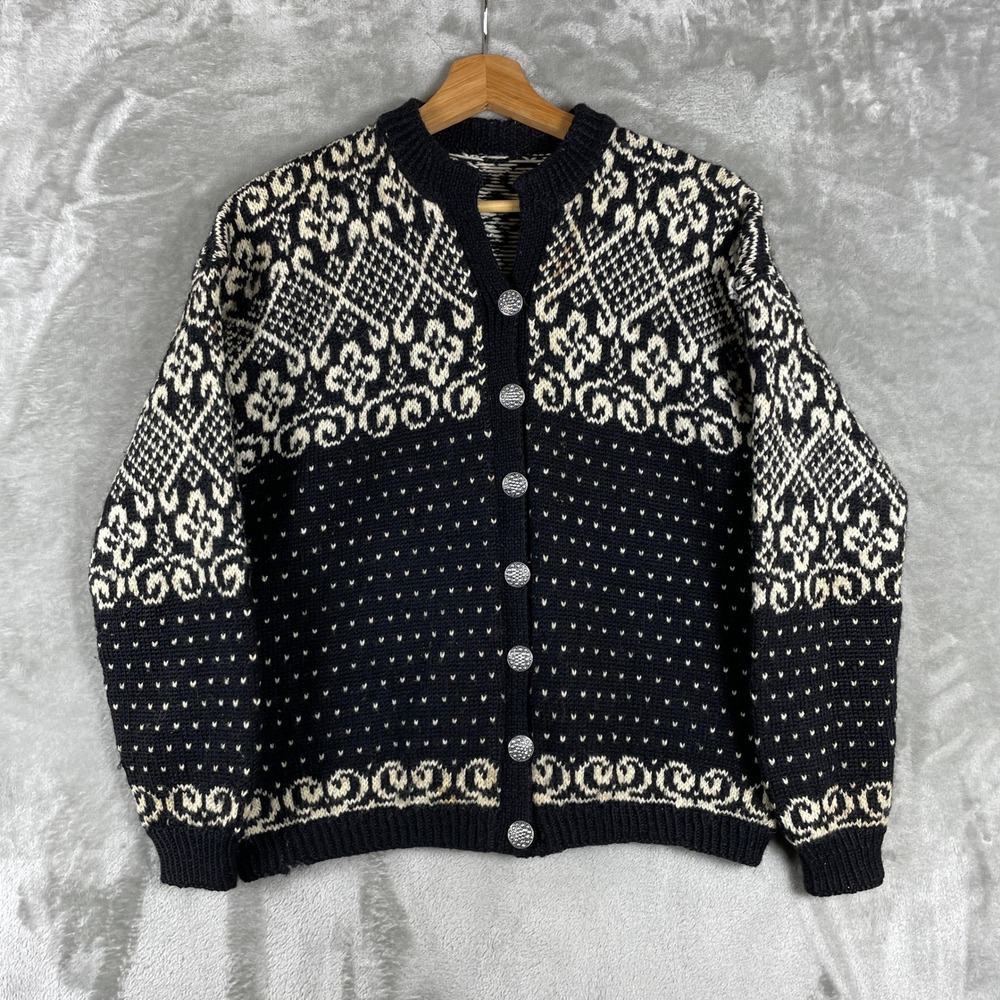 Vintage Cardigan Sweater Womens Medium Black Nordic Fair Isle Wool Metal Button